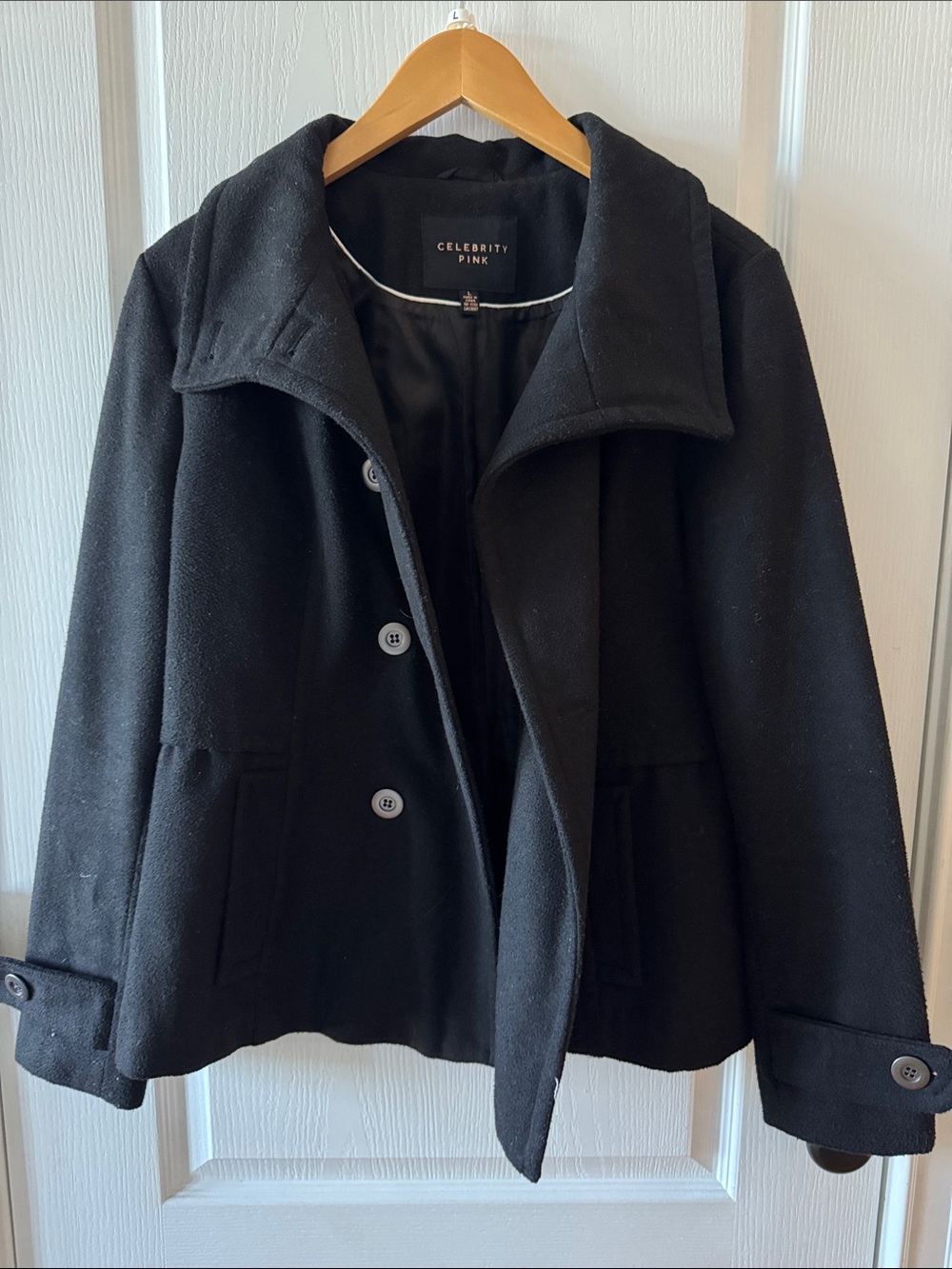 Celebrity Pink Black Wool-Blend Pea Coat with Notched Collar